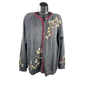 Vtg Stitches in Time Women’s Gray Ramie and Cotton Floral Embroidered Sweater L